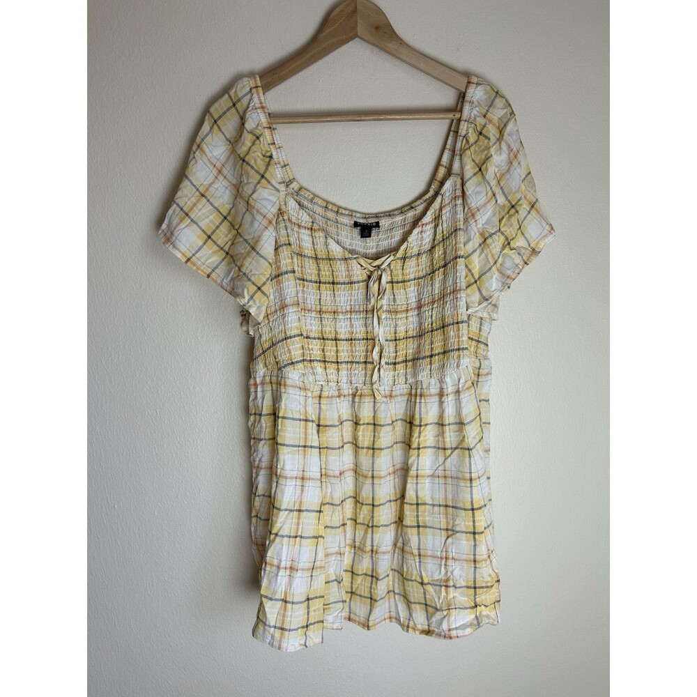 Torrid 3X Slub Yellow Plaid Blouse Top Smocked Tie Lace Up Flutter Peasant Photo